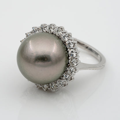 Vintage Black South Sea Pearl and Diamond Cluster Cocktail Ring