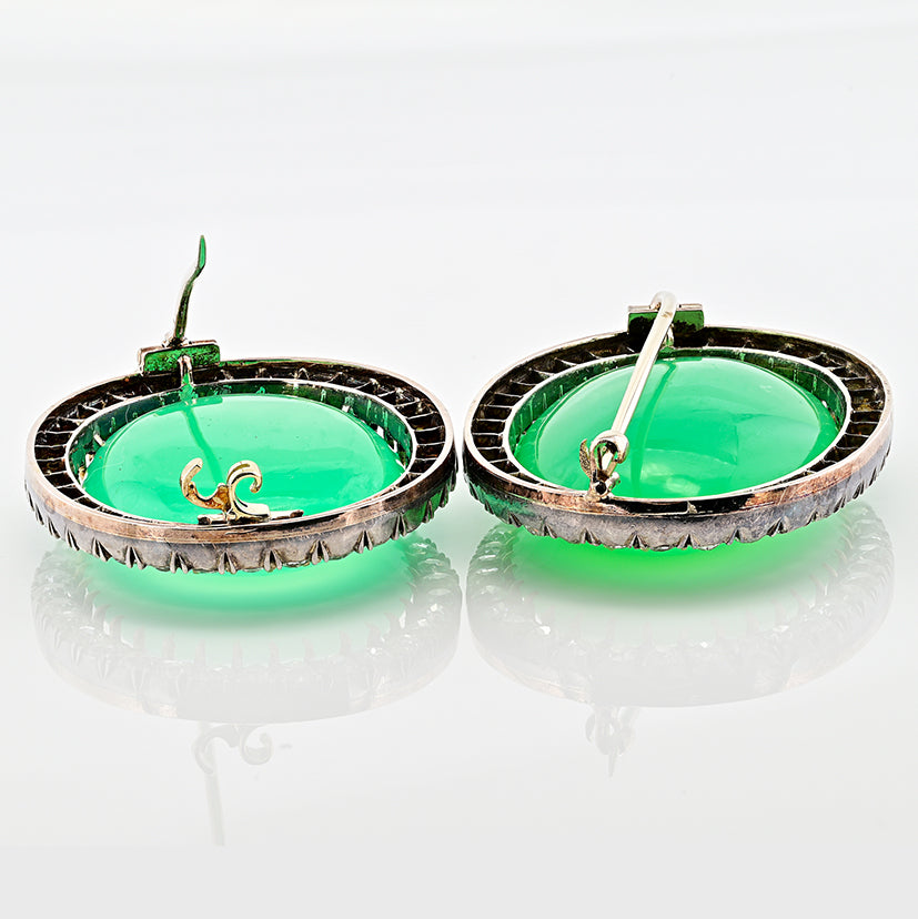 Victorian Antique 127.5cts Chrysoprase and 11ct Old Mine Cut Diamond Cluster Twin Brooch