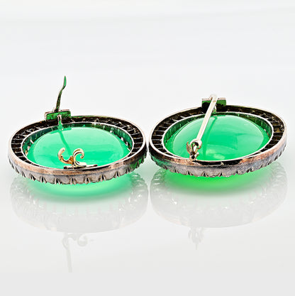 Victorian Antique 127.5cts Chrysoprase and 11ct Old Mine Cut Diamond Cluster Twin Brooch