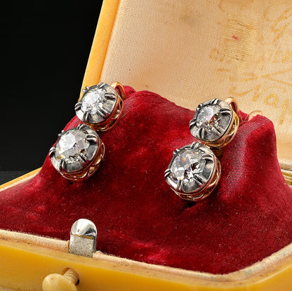 3ct Old Mine Cut Diamond Twin Solitaire Drop Earrings