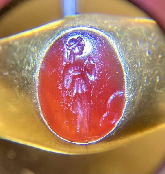 Antique Roman Carnelian Intaglio on Victorian 15ct Gold Ring; Roman Carnelian intaglio of a lady mounted to a 15ct yellow gold Victorian ring shank. Carnelian Intaglio Circa circa 2nd Century A.D. Ring shank made in 1870s