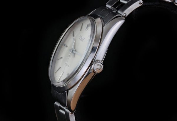 Vintage Rolex Oyster Precision 6424 Stainless Steel 34mm Manual Watch, with Box and Papers, engraved J Gaitskell, HMS Nubian marine engineer mechanic