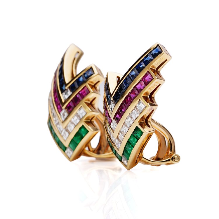 Vintage Wempe Earrings with Diamonds Rubies Emeralds and Sapphires