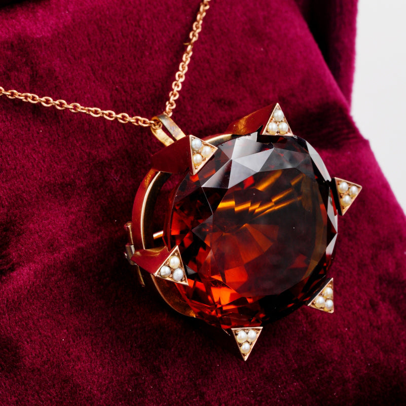 Late Art Deco Large 79ct Untreated Madeira Citrine and Natural Pearl Cluster Pendant-come-Brooch