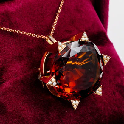 Late Art Deco Large 79ct Untreated Madeira Citrine and Natural Pearl Cluster Pendant-come-Brooch