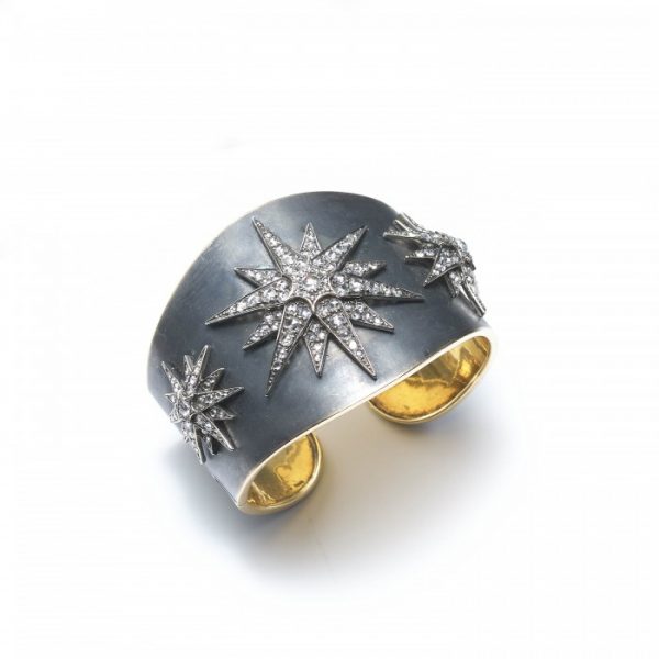 Vintage Rose Cut Diamond Star Gold and Silver Cuff Bangle Bracelet