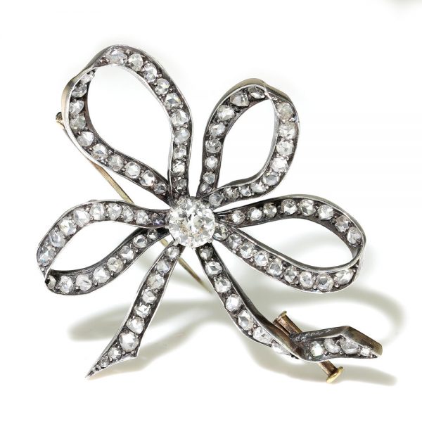 Antique Old Cut Diamond Bow Brooch, 6.55 carats