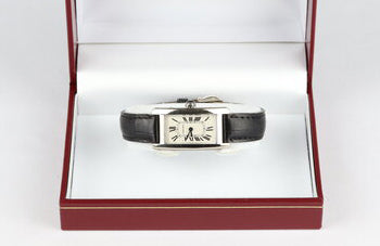Cartier Tank Americaine Ladies 18ct White Gold Quartz Watch, Ref 1713, on a Cartier black leather strap with 18ct white gold pin buckle.