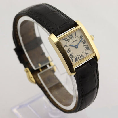 Cartier Tank Francaise Ladies 18ct Yellow Gold 2385 Quartz Watch, on a Cartier black leather strap with 18ct yellow gold buckle.