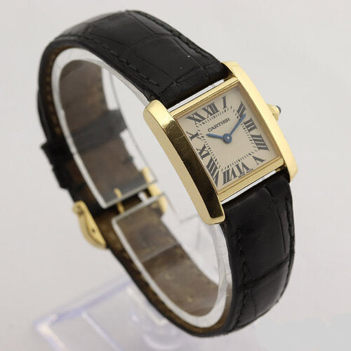 Cartier Tank Francaise Ladies 18ct Yellow Gold 2385 Quartz Watch, on a Cartier black leather strap with 18ct yellow gold buckle.