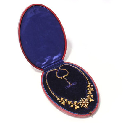 Antique Edwardian 15ct Gold and Seed Pearl Floral Cluster Necklace in original box