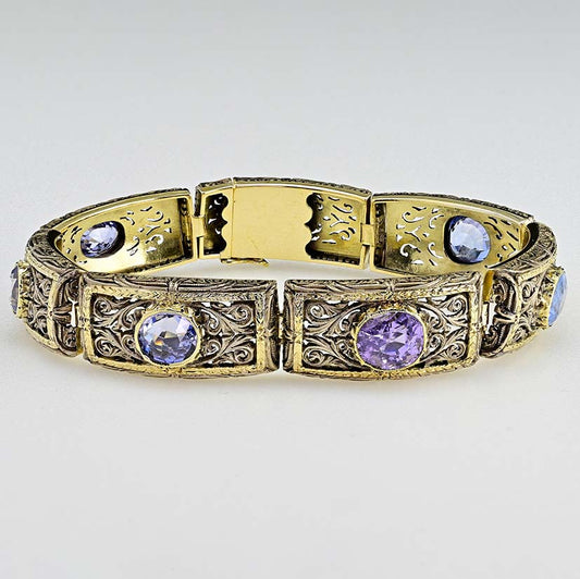 Vintage 19.45ct Natural No Heat Ceylon Sapphire Panel Link Bracelet, Ornate silver topped gold panels with seven natural unheated Ceylon sapphires, central sapphire is lovely fleur de lys Lavender purple colour. Circa 1935