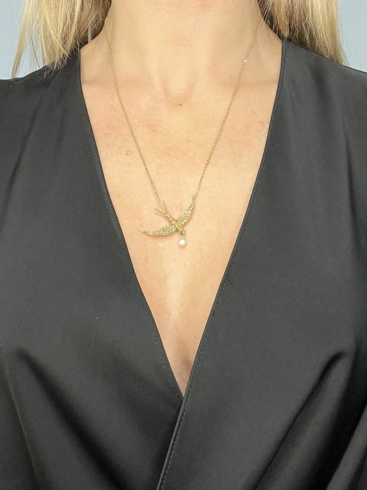 Antique 15 Carat Yellow Gold Swallow Pendant Necklace With Pearls And Diamond Drop