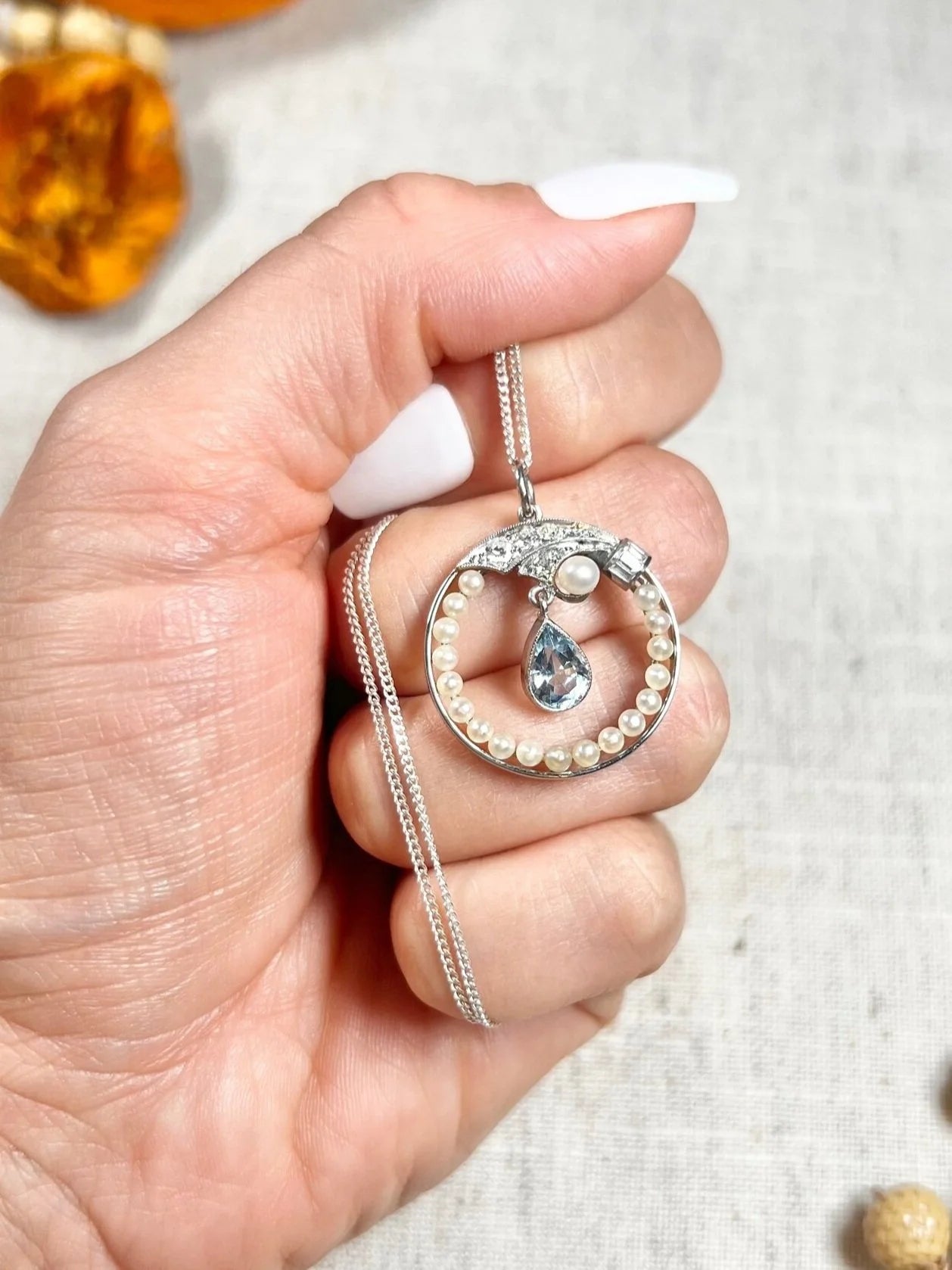 Antique 14 Carat Gold And Platinum 1920's Aquamarine, Pearl, And Diamond Pendant