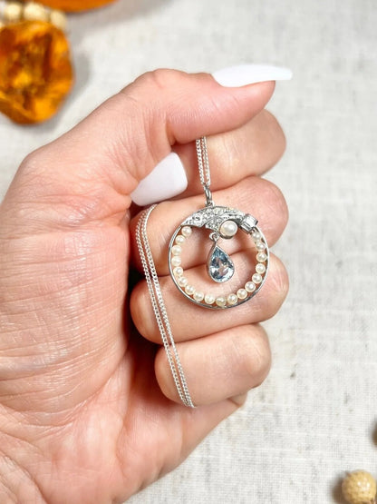 Antique 14 Carat Gold And Platinum 1920's Aquamarine, Pearl, And Diamond Pendant