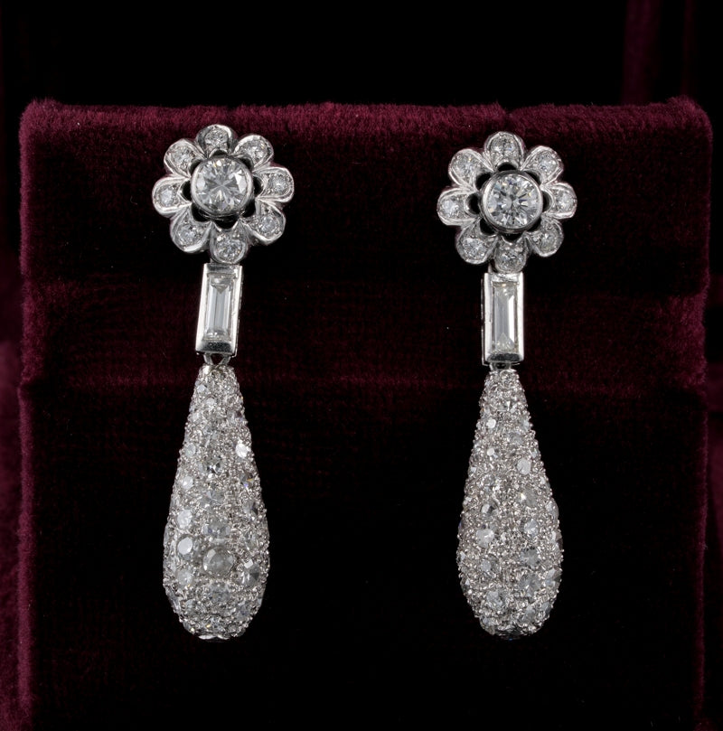 Art Deco 4.2ct Diamond Floral Cluster Dress Drop Earrings in Platinum