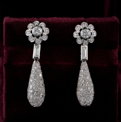 Art Deco 4.2ct Diamond Floral Cluster Dress Drop Earrings in Platinum