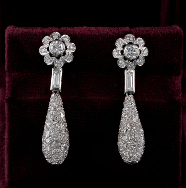 Art Deco 4.2ct Diamond Floral Cluster Dress Drop Earrings in Platinum