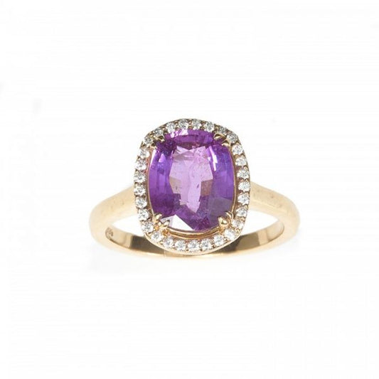 2.73ct Purple Sapphire and Diamond Cluster Ring; purple/pink sapphire surrounded by round brilliant-cut diamonds, in 18ct yellow gold, with certificate
