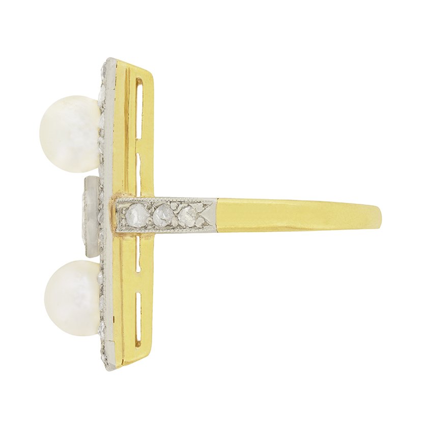 Edwardian Antique Pearl and Old Cut Diamond Trilogy Plaque Tablet Ring
