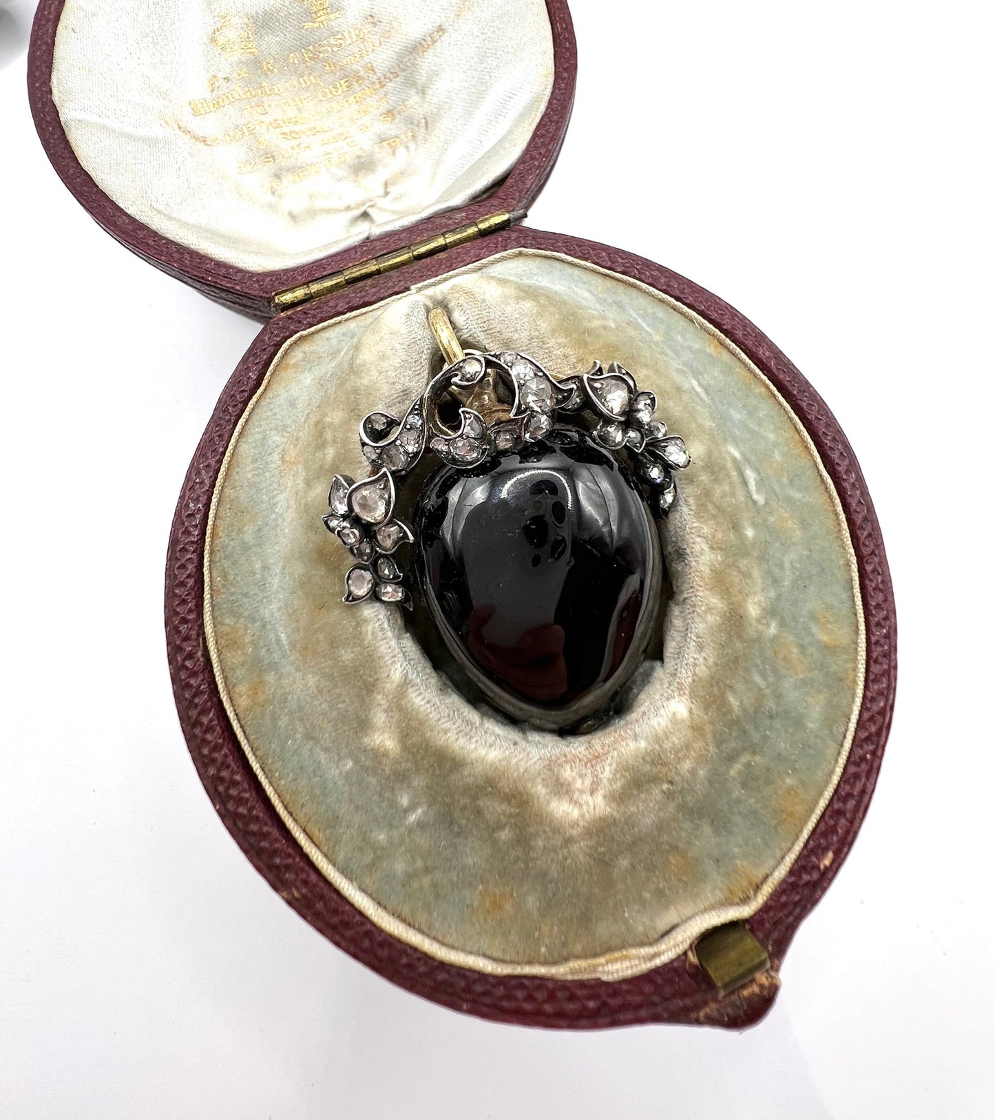 Early Victorian Antique Cabochon Garnet and Diamond Locket Pendant in Original Henry Tessier Box