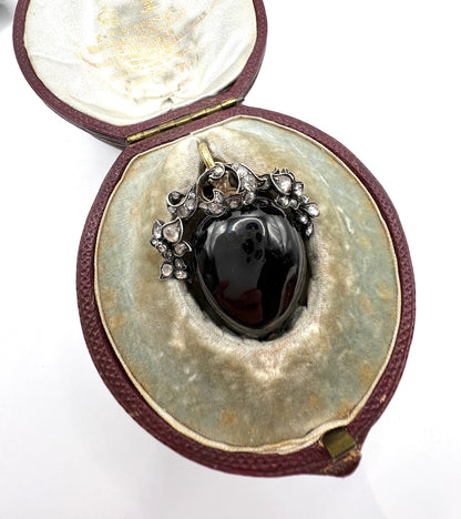 Early Victorian Antique Cabochon Garnet and Diamond Locket Pendant in Original Henry Tessier Box