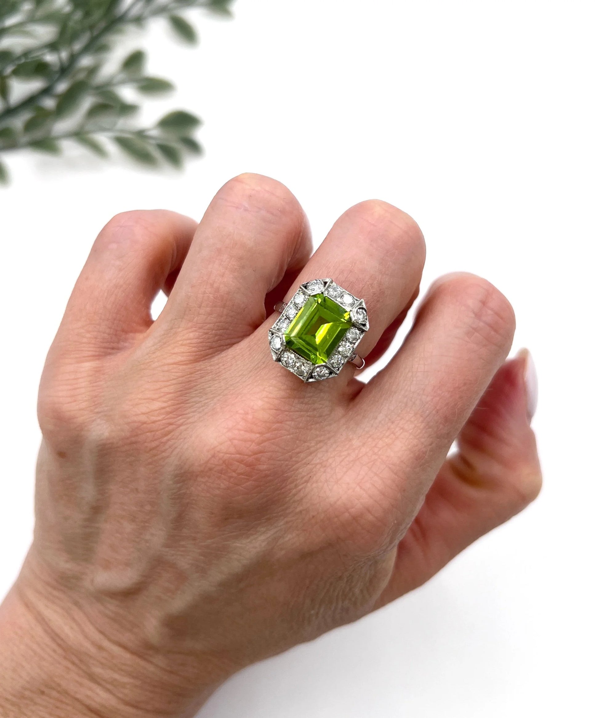 Antique 18ct White Gold & Platinum, 1920s Peridot and Diamond Rectangular Halo Cluster Ring