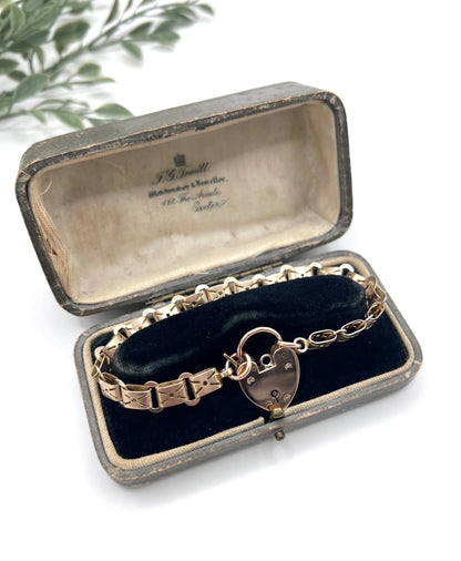 Antique 9 Carat Rose Gold Fancy Link Bracelet with Heart Shaped Padlock