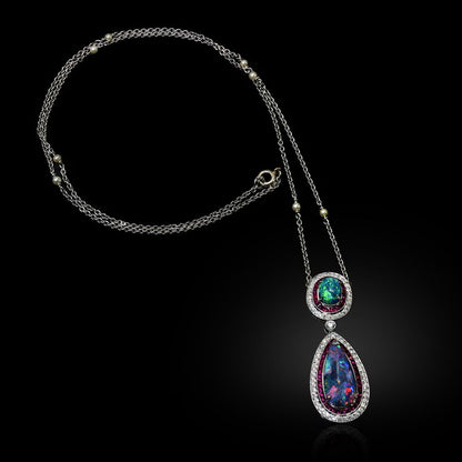 Vintage 4.30cts Black Opal Ruby and Diamond Double Cluster Pendant