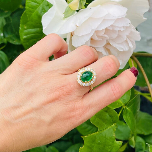 Vintage 6.31ct Oval Cabochon Zambian Emerald and Diamond Cluster Ring