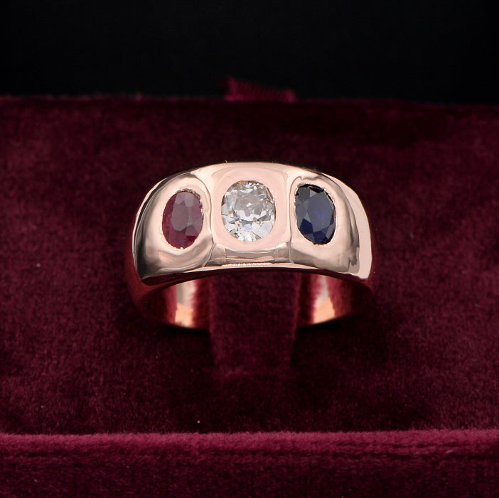 Victorian Antique 0.70ct Old Mine Cut Diamond Ruby Sapphire Three Stone Band Ring