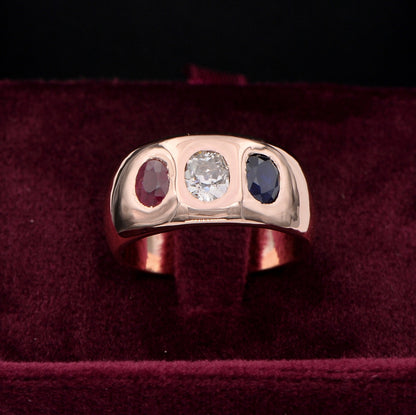 Victorian Antique 0.70ct Old Mine Cut Diamond Ruby Sapphire Three Stone Band Ring
