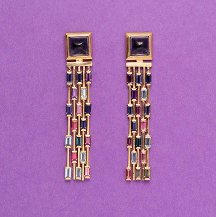 Tiffany and Co Multi Gemstone Fringe Drop Earrings set with iolite, amethyst, sapphire, aquamarine and tourmaline