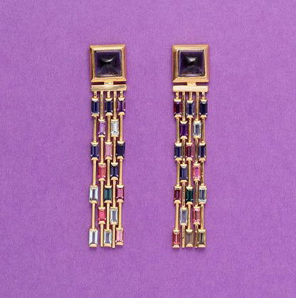 Tiffany and Co Multi Gemstone Fringe Drop Earrings set with iolite, amethyst, sapphire, aquamarine and tourmaline