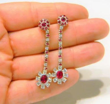 2ct Ruby and Diamond Cluster Drop Earrings; set with 2 carats of rubies and 1 carat of diamonds, in 18ct white gold