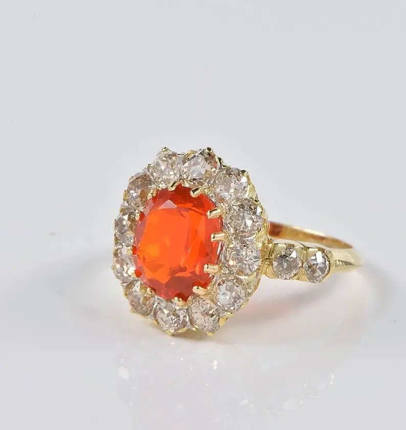Antique Victorian 2ct Fire Opal and Diamond Cluster Ring