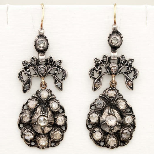 Georgian 2.20ct Rose Cut Diamond Girandole Chandelier Earrings, Articulated Hand-crafted in solid silver set with Dutch rose-cut diamonds with ornate leaf design. Late 18th century Circa 1790