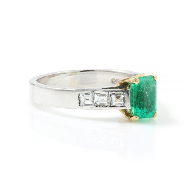 Vintage 0.90ct Emerald Cut Colombian Emerald and Diamond Ring in 18ct White Gold, Circa 1980s-1990s Certified