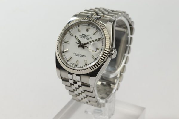Rolex Datejust 116234 Stainless Steel Automatic Watch with White Gold Bezel; 36mm steel case with white dial, on a stainless steel Jubilee bracelet with Crownclasp, Circa 2006-07