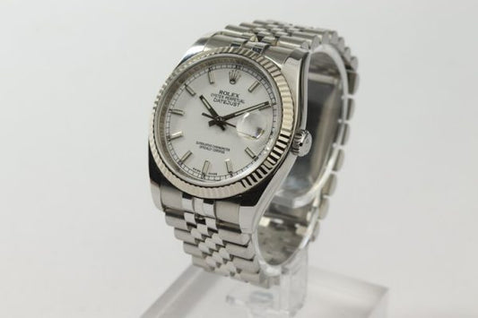 Rolex Datejust 116234 Stainless Steel Automatic Watch with White Gold Bezel; 36mm steel case with white dial, on a stainless steel Jubilee bracelet with Crownclasp, Circa 2006-07