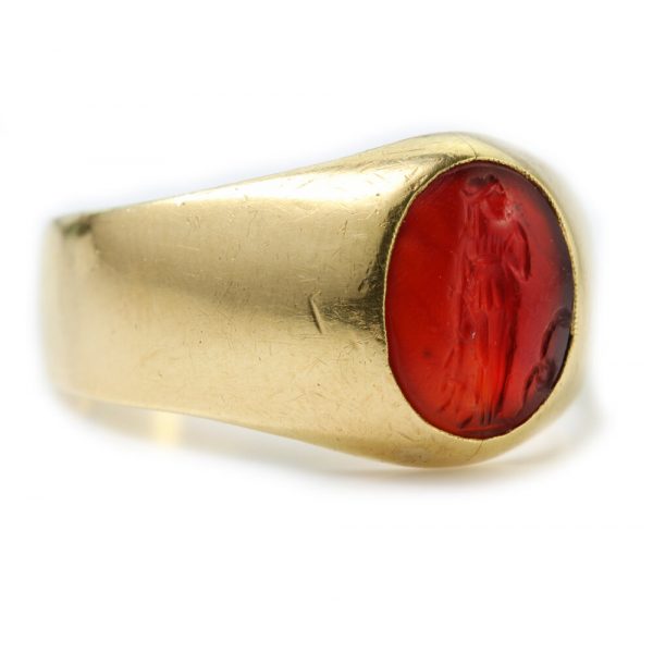 Antique Roman Carnelian Intaglio on Victorian 15ct Gold Ring; Roman Carnelian intaglio of a lady mounted to a 15ct yellow gold Victorian ring shank. Carnelian Intaglio Circa circa 2nd Century A.D. Ring shank made in 1870s