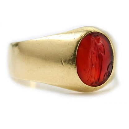 Antique Roman Carnelian Intaglio on Victorian 15ct Gold Ring; Roman Carnelian intaglio of a lady mounted to a 15ct yellow gold Victorian ring shank. Carnelian Intaglio Circa circa 2nd Century A.D. Ring shank made in 1870s