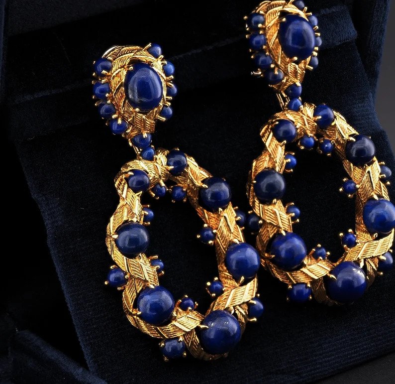 Vintage Retro Lapis Lazuli and 18ct Yellow Gold Earrings