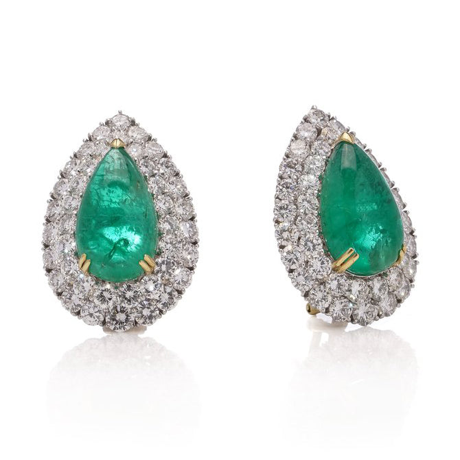 Pear Cabochon Cut Emerald and Diamond Double Cluster Earrings, Emeralds 23.36 carats Diamond 10.03 carats