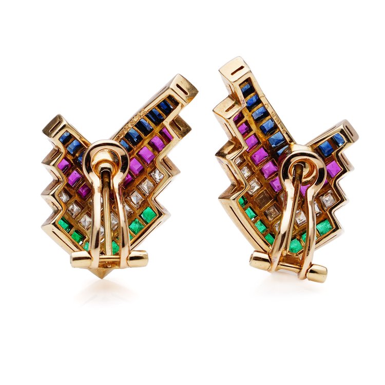 Vintage Wempe 18ct Yellow Gold Earrings with Diamonds Rubies Emeralds and Sapphires