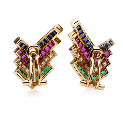 Vintage Wempe 18ct Yellow Gold Earrings with Diamonds Rubies Emeralds and Sapphires