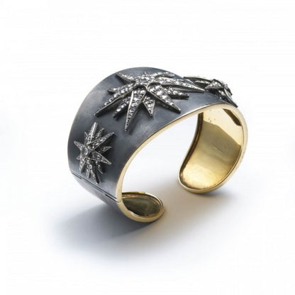Vintage Rose Cut Diamond Star Cuff Bangle Bracelet in Silver Upon Gold