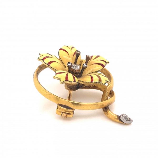 Antique Victorian Enamel, Diamond and Gold Flower Brooch, Circa 1890