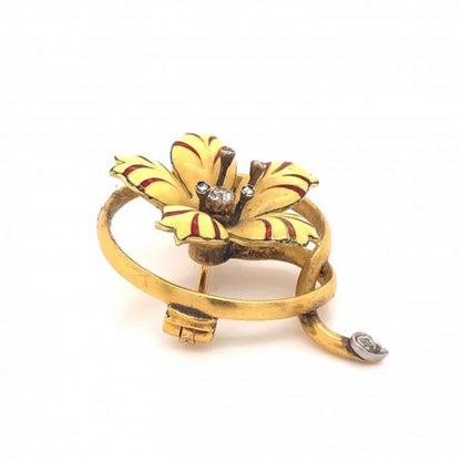 Antique Victorian Enamel, Diamond and Gold Flower Brooch, Circa 1890