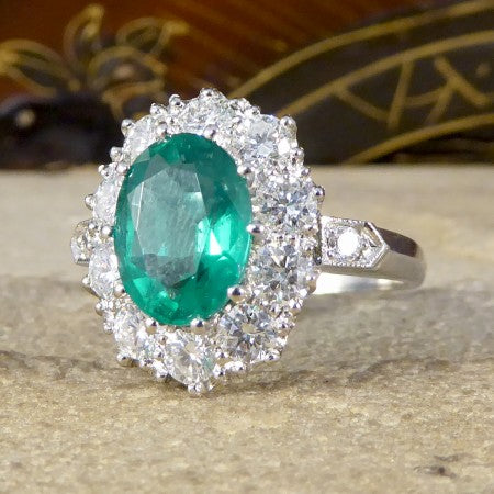 Emerald and Diamond Oval Cluster Ring, 3.45 carat total, in Platinum